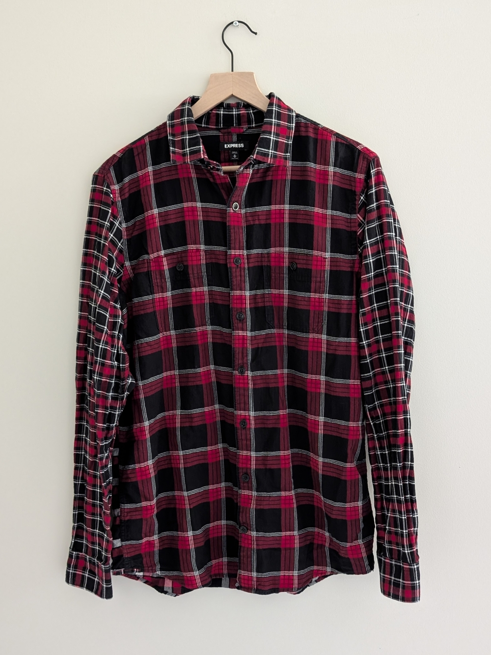 Express Men's Red and Black Plaid Button-Down Shirt - Medium Tall/Long